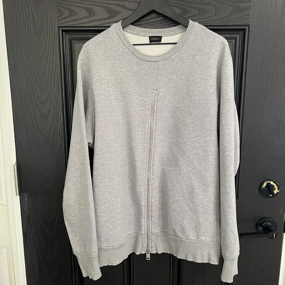 DIESEL S-EZRA Mens Front Zipper Moto Gray Crewneck Sweatshirt XL Streetwear